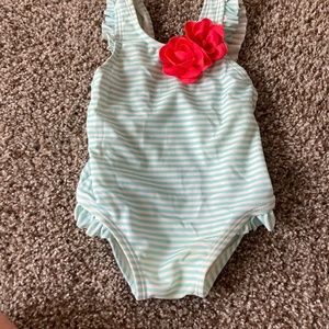 Baby girls Gymboree blue and white stripe swimsuit with flower detail size 3-6m